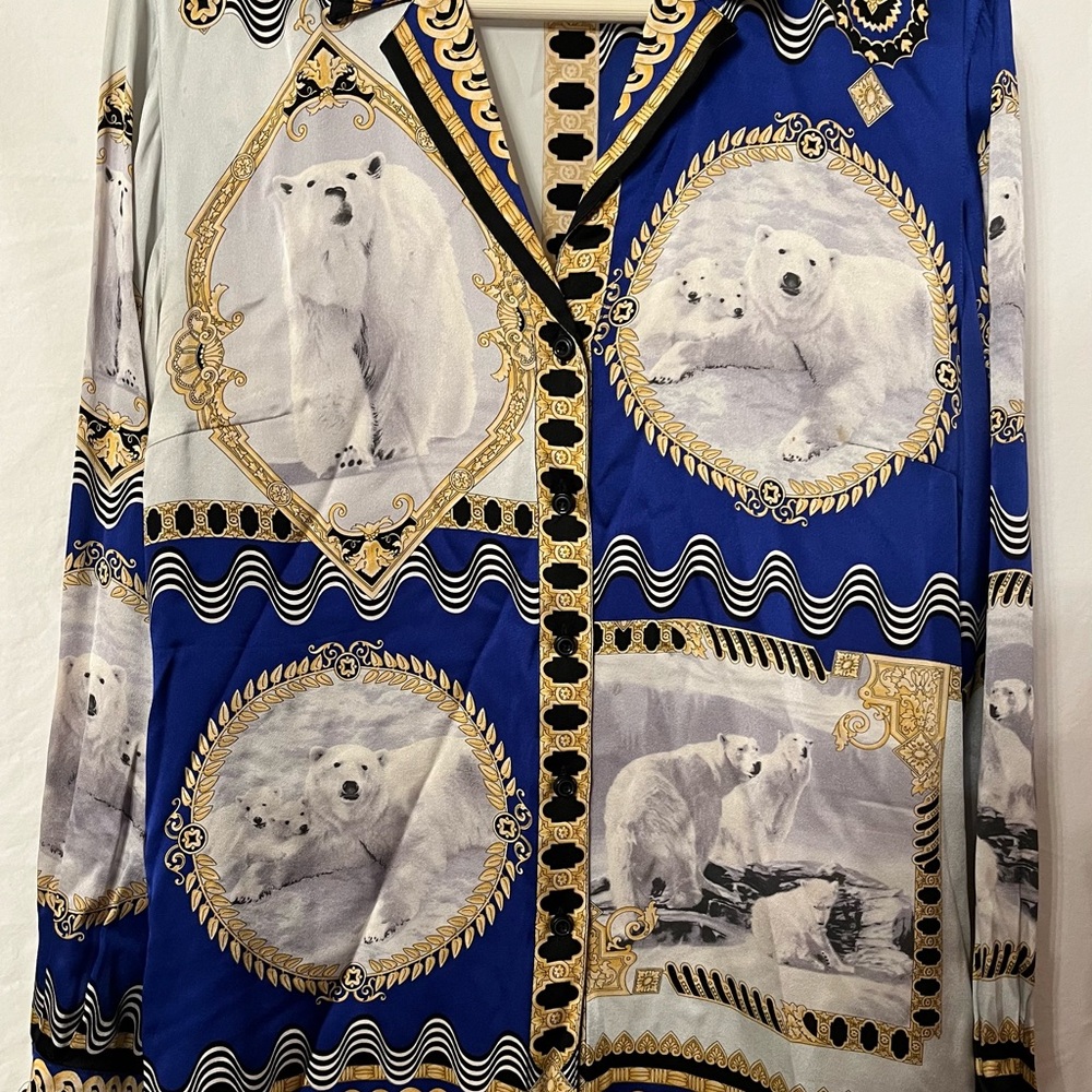 Escada Vintage Blue and Gold Silk Polar Bear Blouse, Size Large
